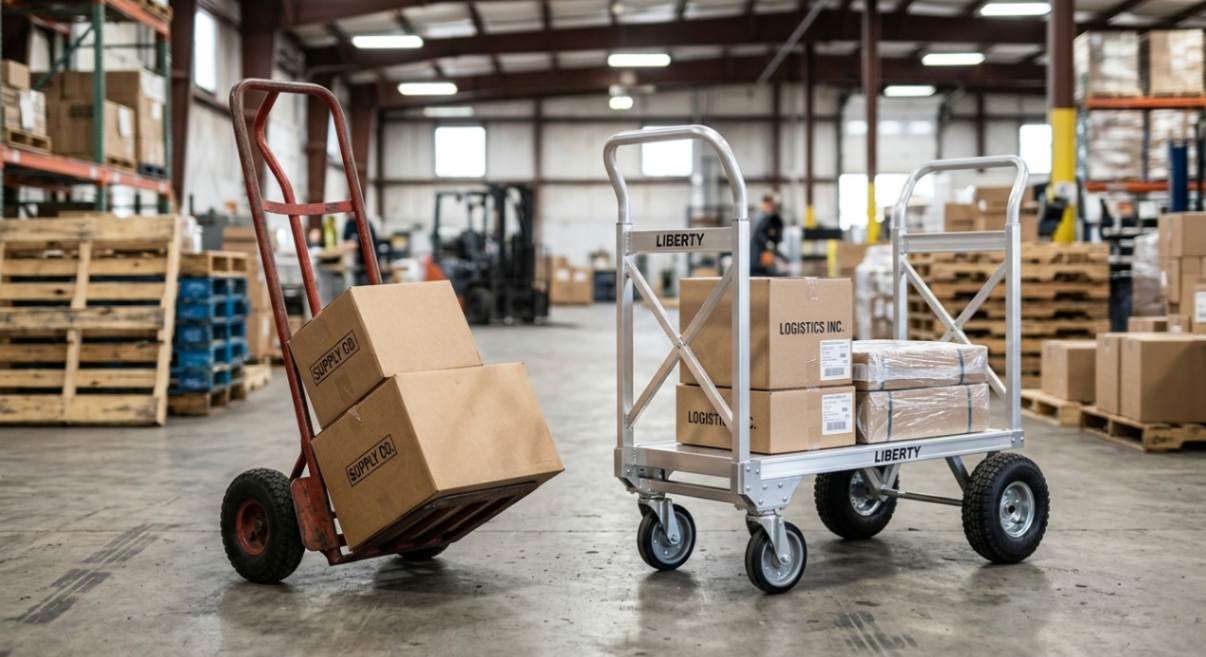 Side-by-side comparison image of a standard 2-wheel hand truck and a 4-wheel convertible hand truck, illustrating the two main types discussed in the article.