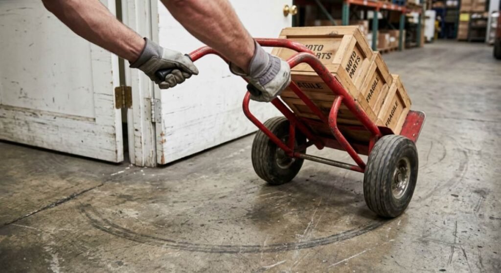 Close-up photograph showing a person expertly maneuvering a 2-wheel hand truck, highlighting its ability to make tight turns