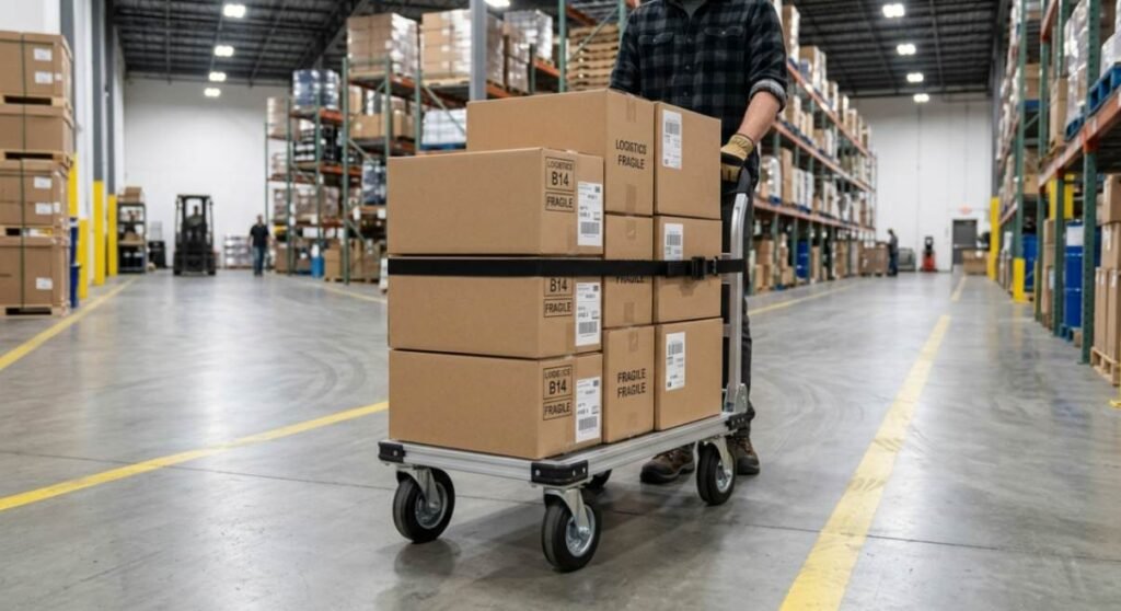 A 4-wheel hand truck loaded with multiple stacked boxes rolling smoothly across a level warehouse floor, demonstrating its stability for bulky loads.