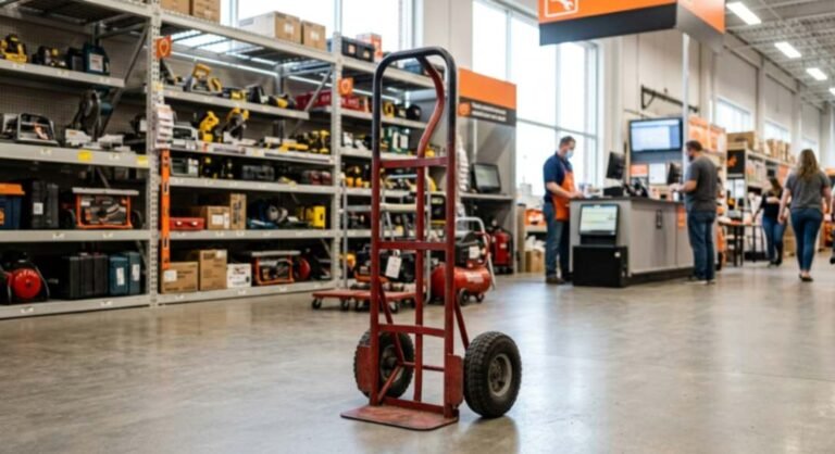 Heavy duty hand truck available for rental at a home improvement store