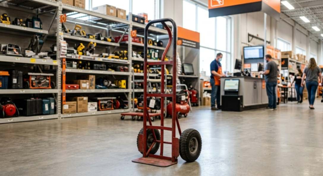 Heavy duty hand truck available for rental at a home improvement store