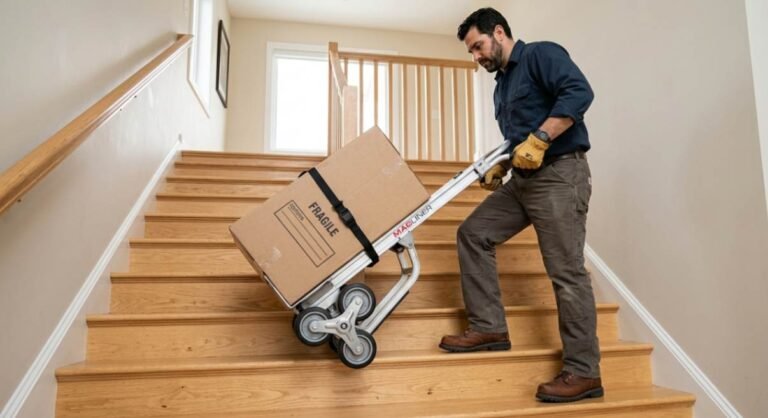 Person using a stair climbing hand truck to move a secured box up a staircase.