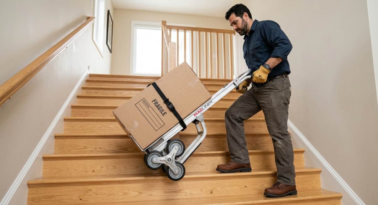 Person using a stair climbing hand truck to move a secured box up a staircase.