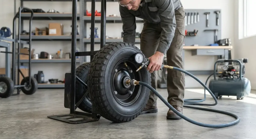 Air compressor being used to inflate a pneumatic hand truck tire.