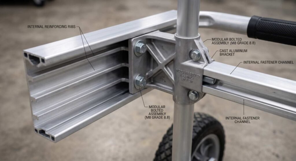 aluminum hand truck frame construction showing extruded structural channels