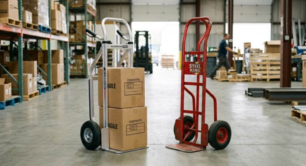 aluminum vs steel hand trucks side by side on a warehouse floor