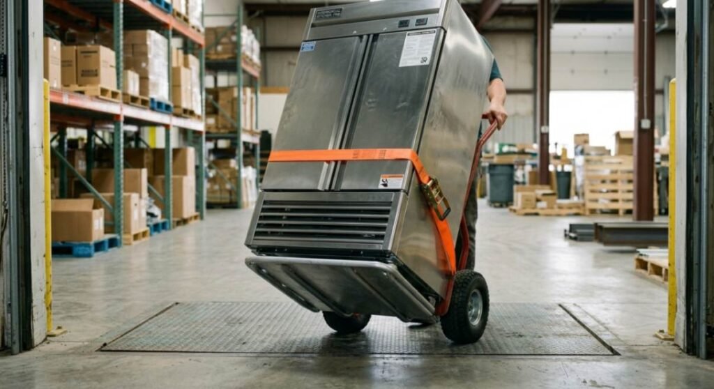 heavy duty steel hand truck moving heavy appliance with safety strap