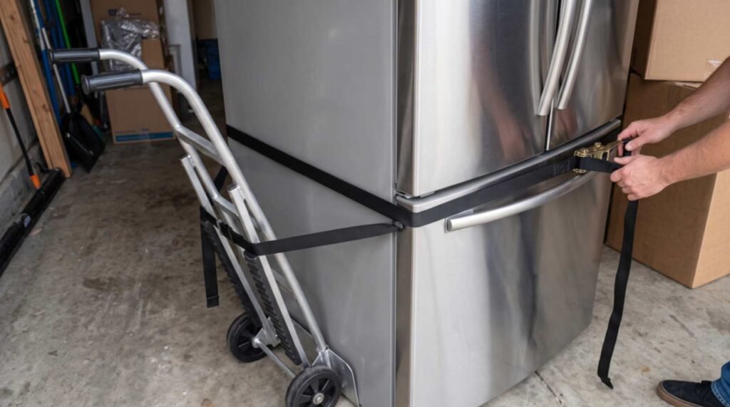 Heavy-duty appliance hand truck with a tension strap secured around a large stainless steel refrigerator.