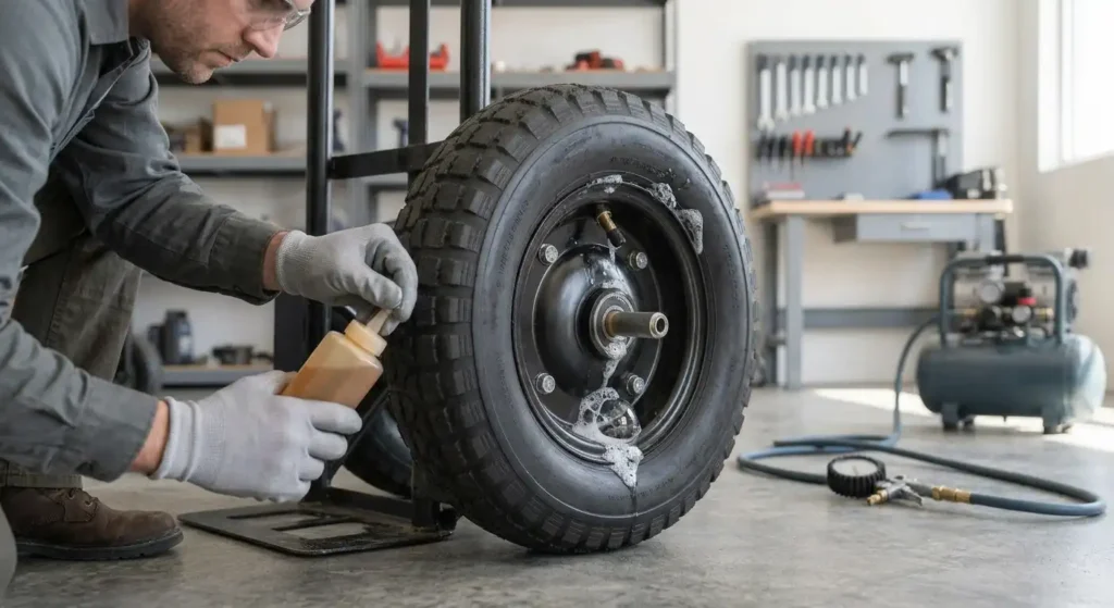 Checking a pneumatic hand truck tire for an air leak with soapy water.