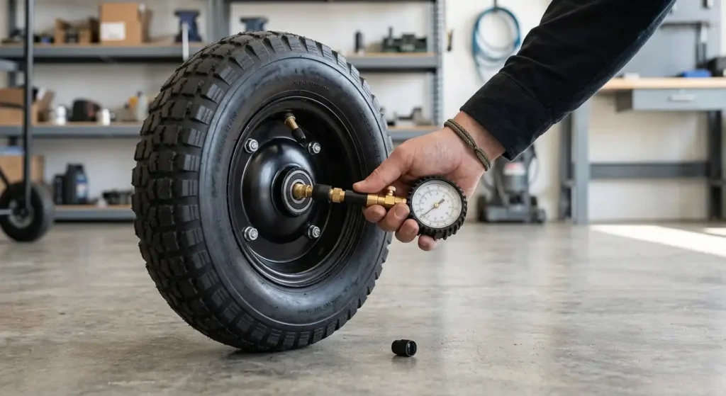 Pressure gauge checking a pneumatic hand truck tire.