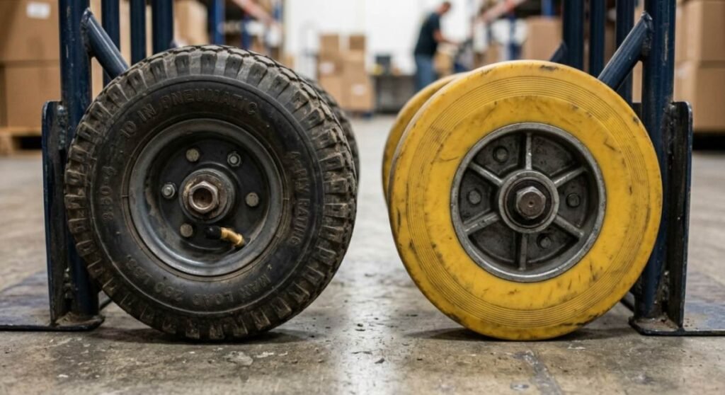 Close up comparison of a black pneumatic hand truck tire and a solid yellow flat free wheel.