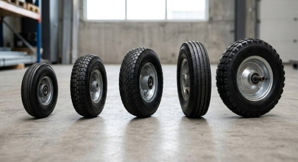 Side by side comparison of five hand truck wheels ranging in diameter from 4 to 12 inches.