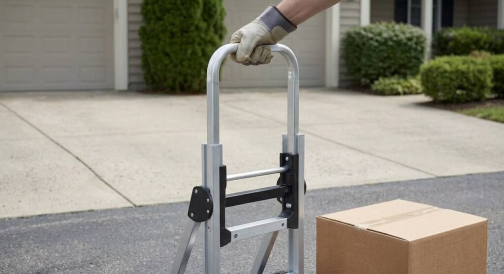 Proper hand placement on a hand truck handle away from frame pinch points.