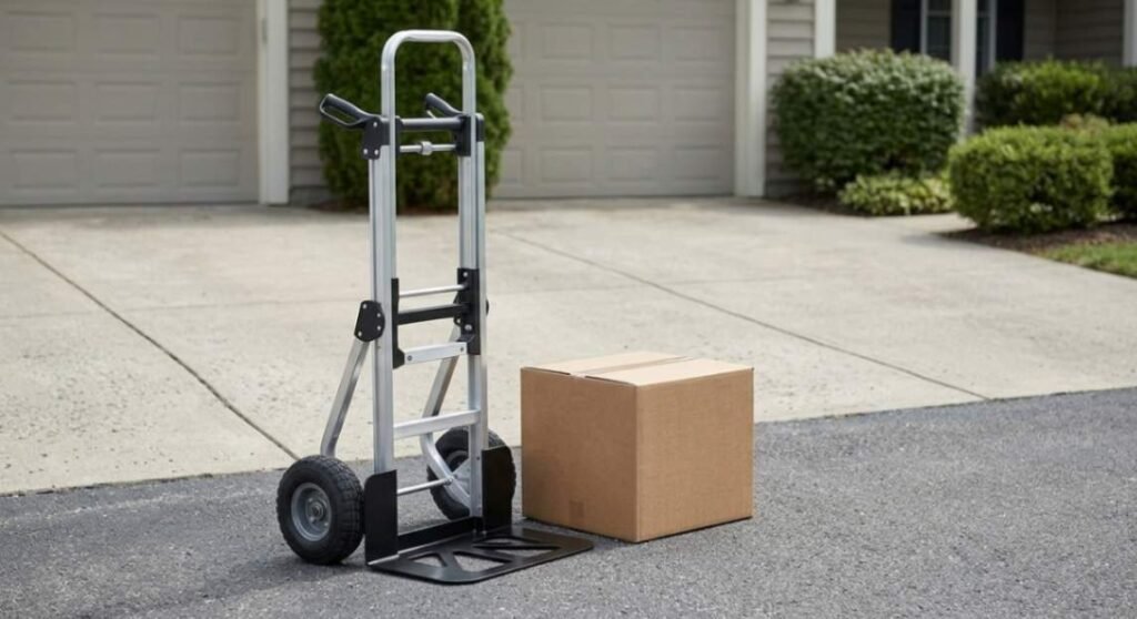 Fully unfolded folding hand truck standing locked and ready for use.