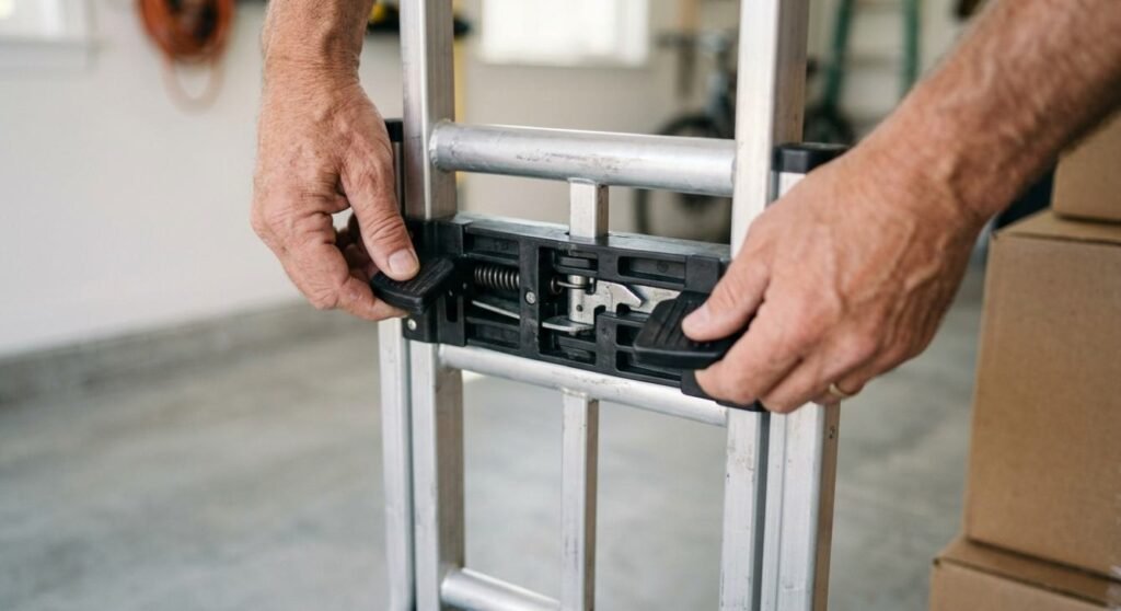 Close view of hands pressing the release bar on a folding hand truck.