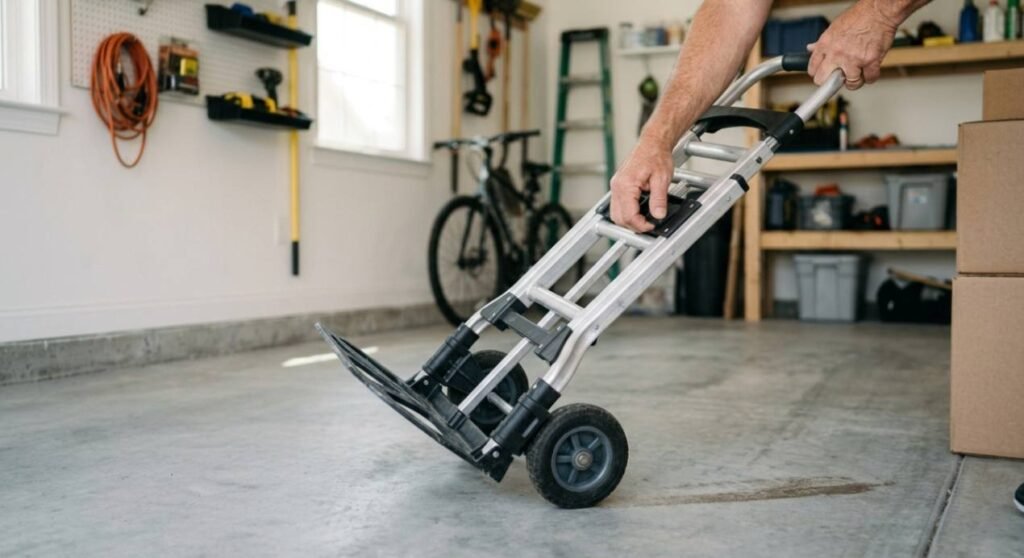 Unfolding a hand truck frame to extend the wheels and handle.