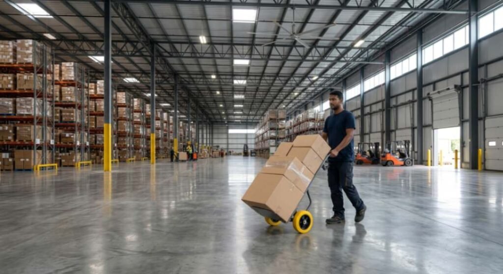 Hand truck with flat free tires moving boxes across a smooth concrete warehouse floor