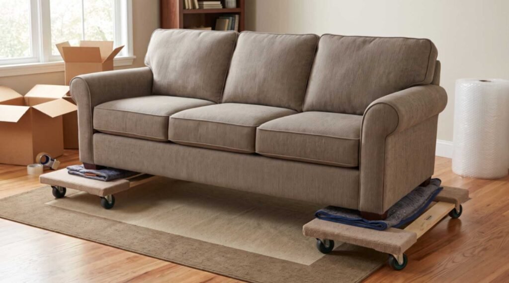 A bulky couch sitting flat on wooden furniture dollies across a hardwood floor.