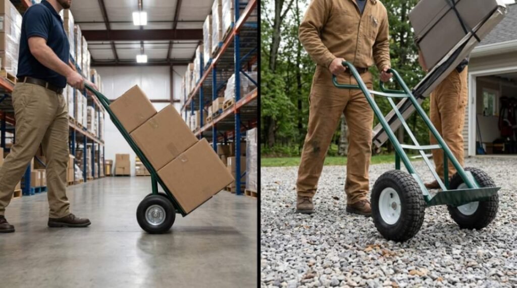 Split view showing a hand truck on a smooth indoor floor and another hand truck on an outdoor gravel driveway.