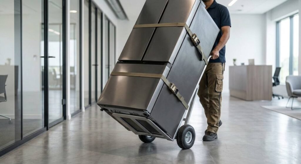 Appliance hand truck carrying a refrigerator