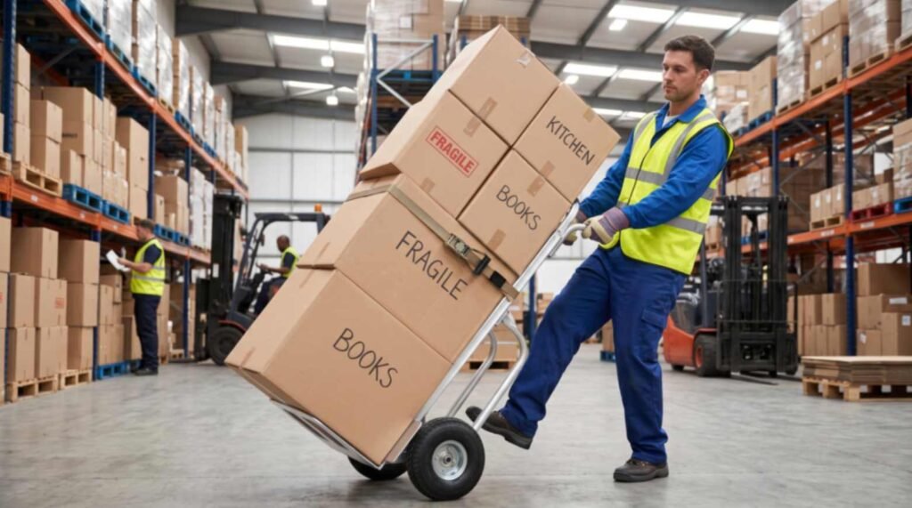 Person using a two-wheel hand truck tilted backward to transport a stack of heavy cardboard boxes.