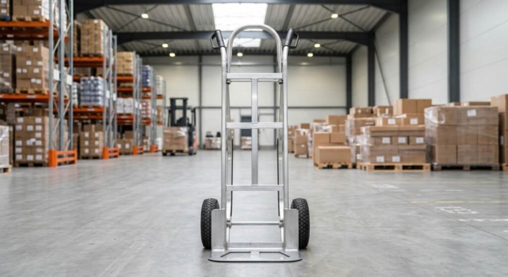 Main parts of a two wheel hand truck including the frame handles toe plate and wheels