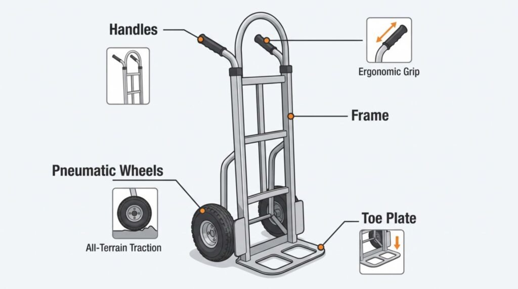 Diagram showing the main components of a hand truck including the handles, frame, wheels, and toe plate.