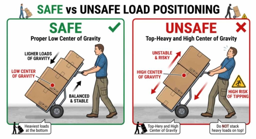 Illustration demonstrating proper load balancing and strapping techniques for material handling equipment.