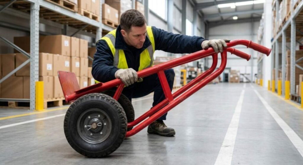 Worker inspecting a hand truck before use