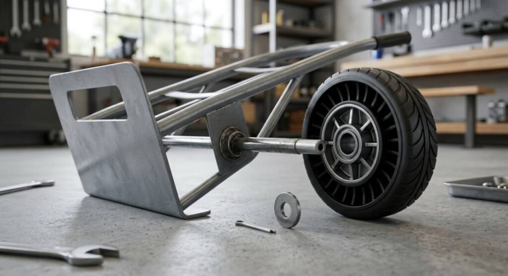 Close up view of a hand truck axle, hub assembly, and replacement wheel during tire installation