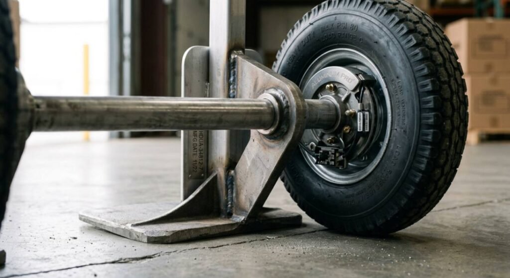 heavy duty hand truck wheels and toe plate assembly close up