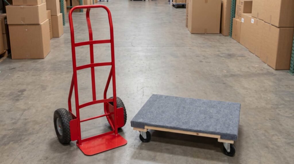 Side-by-side comparison of a red metal two-wheel hand truck and a flat wooden four-wheel furniture dolly.