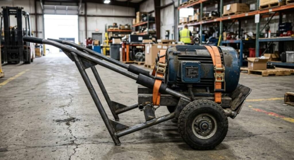 Heavy duty steel hand truck carrying a large motor secured with straps