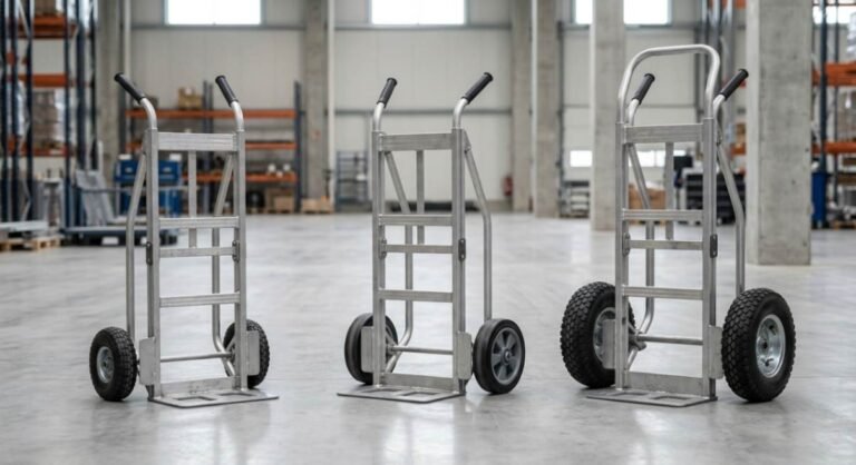 Comparison of three hand trucks showing different wheel sizes from small solid wheels to large pneumatic tires.