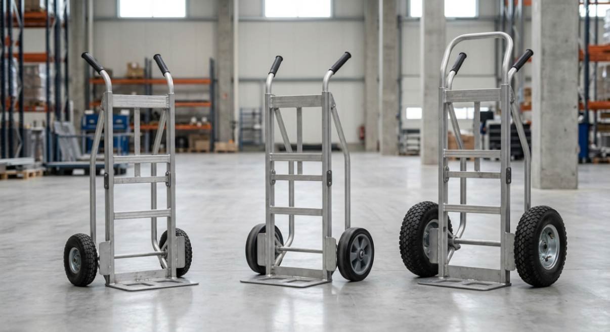 Comparison of three hand trucks showing different wheel sizes from small solid wheels to large pneumatic tires.