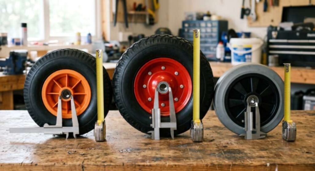 Different hand truck wheels next to measuring tools showing bore size and wheel width.
