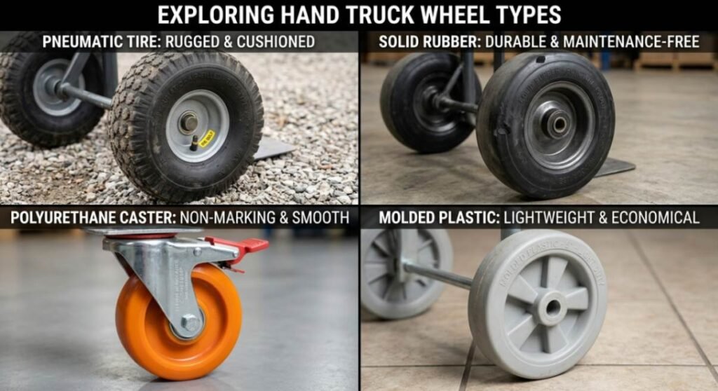 A composite image showcasing four common hand truck wheel types: pneumatic, solid rubber, polyurethane caster, and plastic, highlighting different material choices.