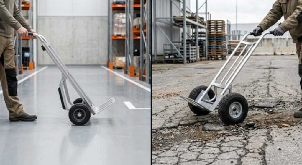 Hand truck with small wheels on smooth indoor concrete compared to large wheels on cracked outdoor asphalt.