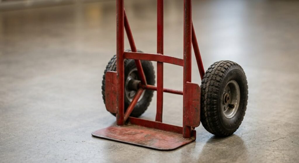 Close up view of a heavy duty steel hand truck showing large tires and nose plate