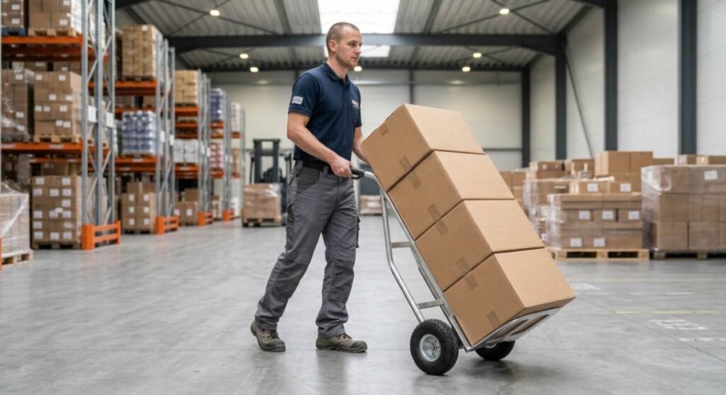Worker moving boxes with a two wheel hand truck