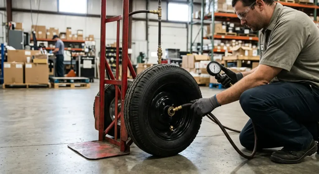 Person inflating a pneumatic hand truck tire with an air hose and pressure gauge.