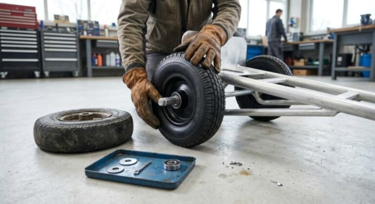 A person installing a new replacement wheel onto a hand truck axle in a workshop.