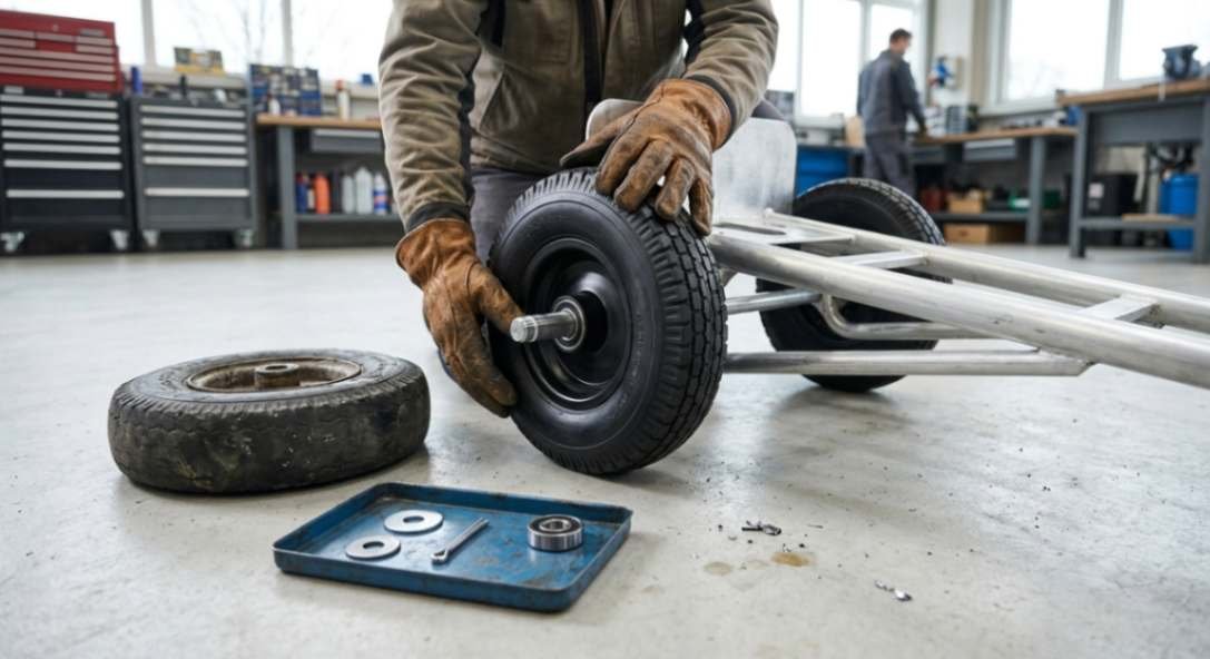 A person installing a new replacement wheel onto a hand truck axle in a workshop.