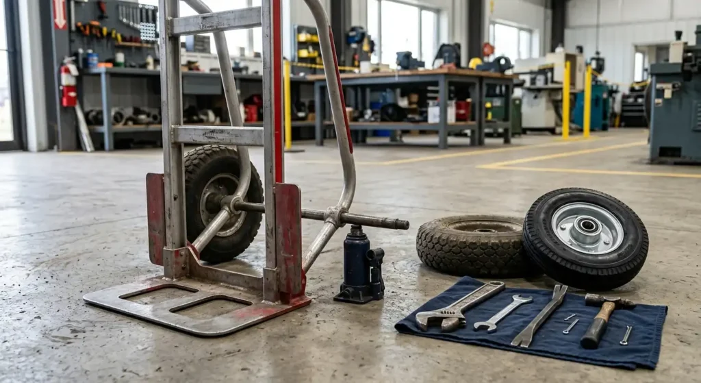 Milwaukee hand truck with wheel removed for replacement