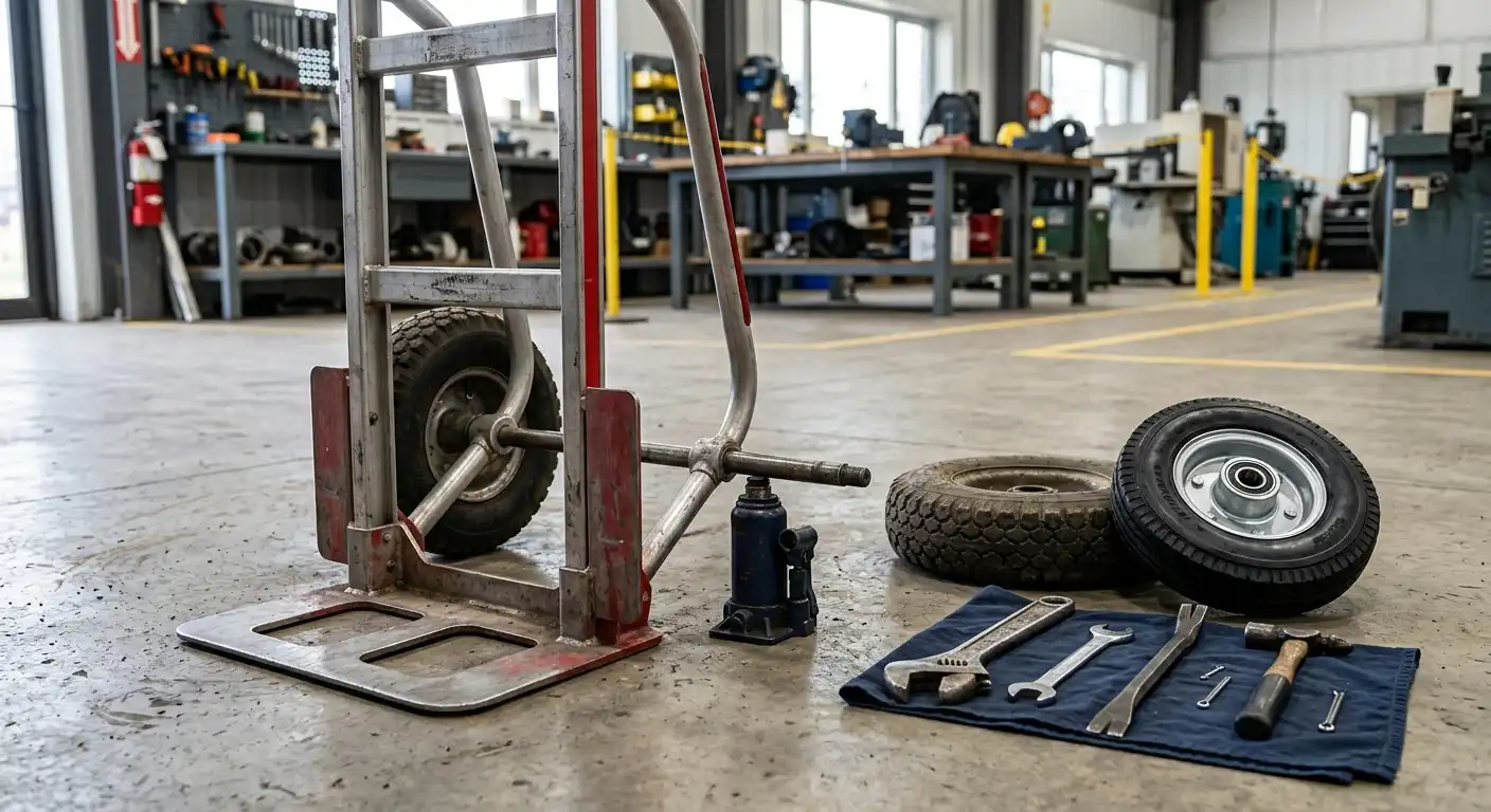 Milwaukee hand truck with wheel removed for replacement