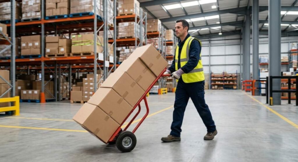 Worker safely using a hand truck to move a balanced load of boxes