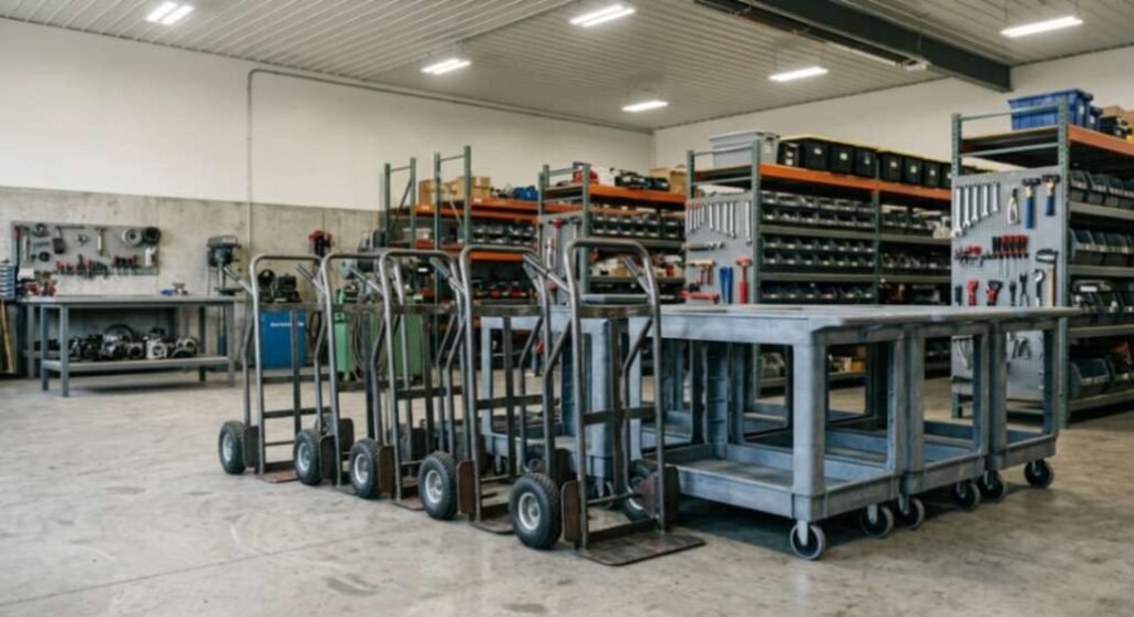 Warehouse display of heavy-duty utility hand trucks