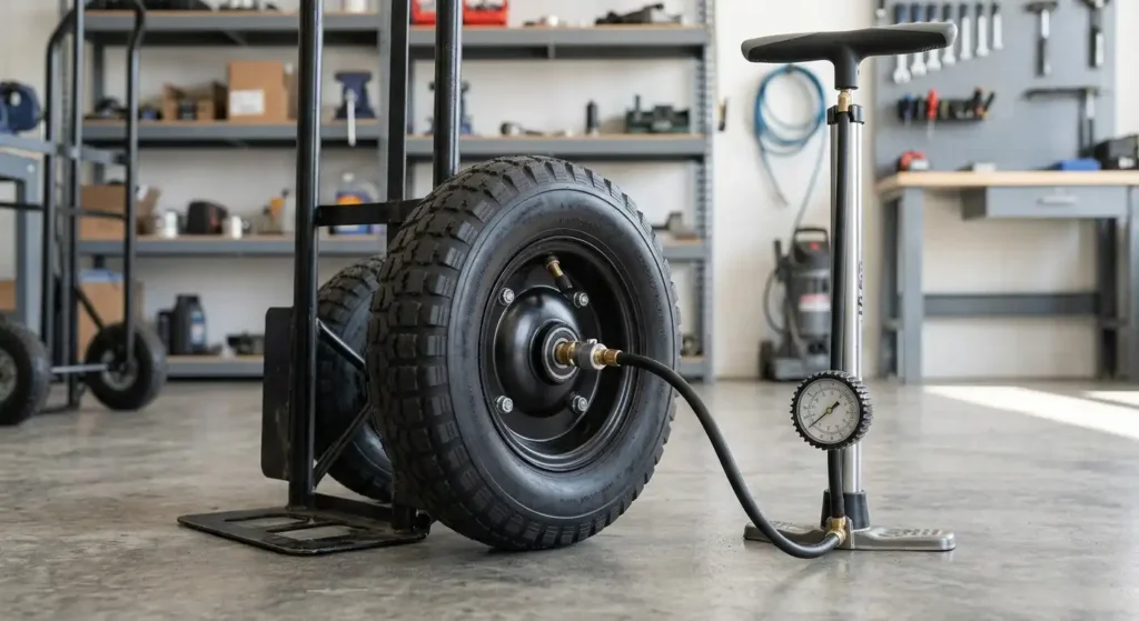 Manual pump connected to a pneumatic hand truck tire.