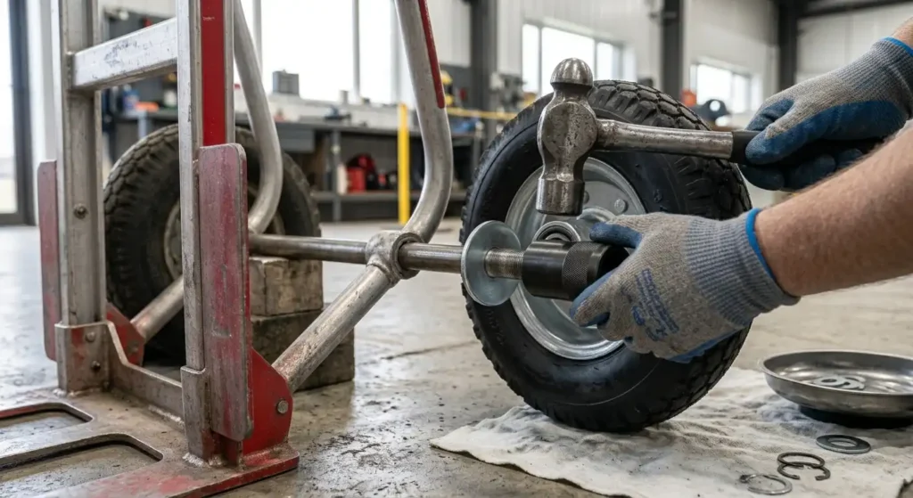 Installing a retaining ring on a hand truck wheel axle