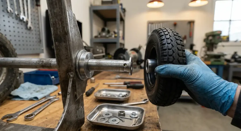 Installing a new wheel on a hand truck axle